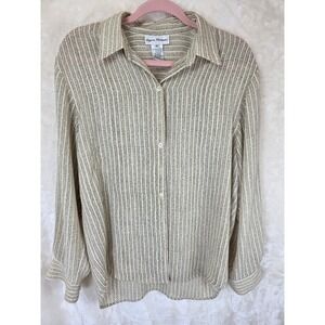 Rena Rowan Womens Tan Cream Striped Long Sleeve Button Down Blouse Size 6